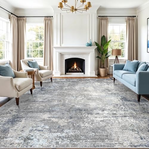 12x14 Living Room Area Rug – Washable Non-Slip Soft Large Room Rugs for Bedroom Dining Room, Modern Neutral Abstract Low Pile Thin Indoor Carpet（Blue Grey, 12x14）