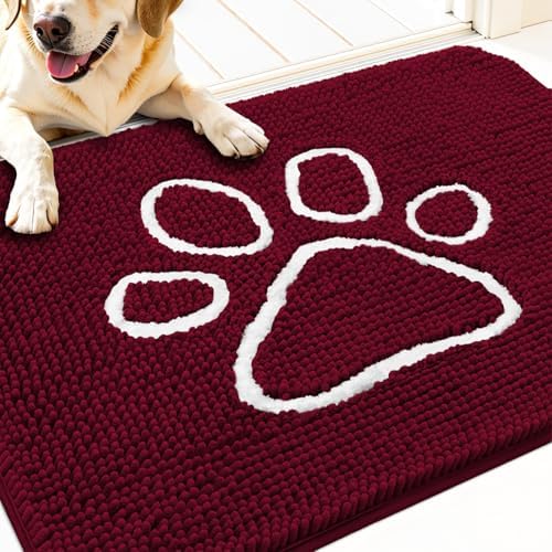 OLANLY Dog Door Mat for Muddy Paws 70x35, Paw Print Design Chenille Mud Mat
