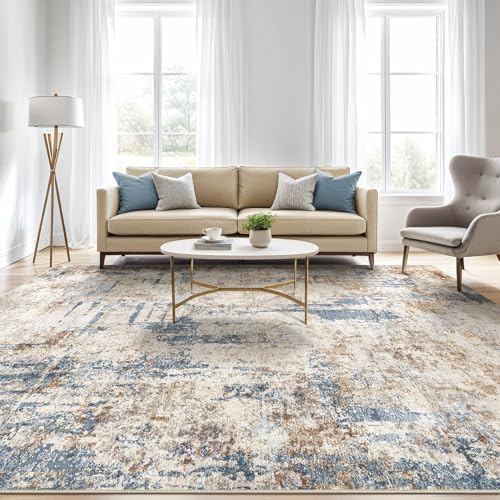 LOONGRUG 4x6 Area Rug Machine Washable Neutral Modern Rugs Blue Tan