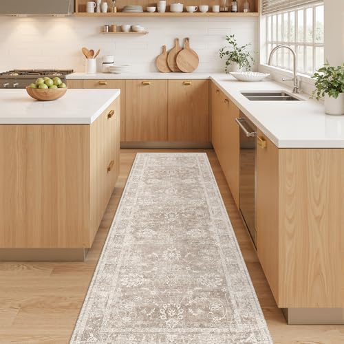 Madane Washable Runner Rug 2x5, Vintage Kitchen Hallway Rug Brown/Sand