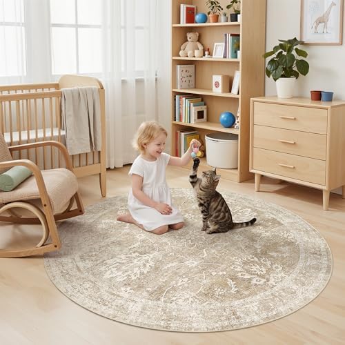 Madane Washable Round Rug 5ft for Living Room,Soft Neutral Rug Beige/Brown