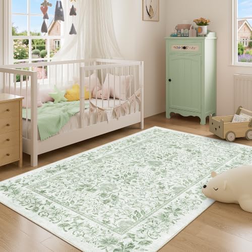 DUKINO 4x6 Rug for Living Room, Washable Vintage Floral Area Rug Sage Green