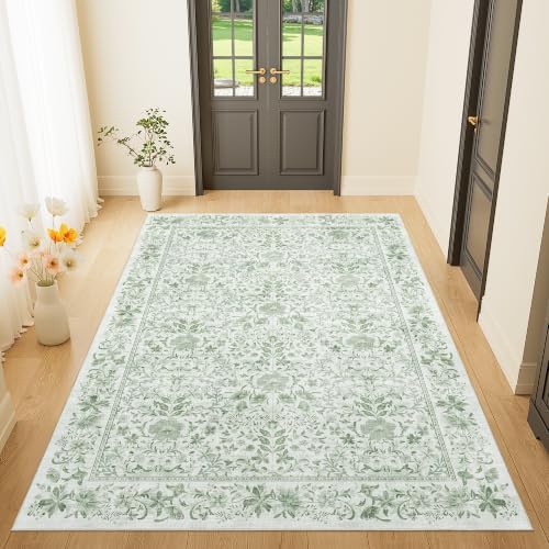 DUKINO 4x6 Rug for Living Room, Washable Vintage Floral Area Rug Sage Green