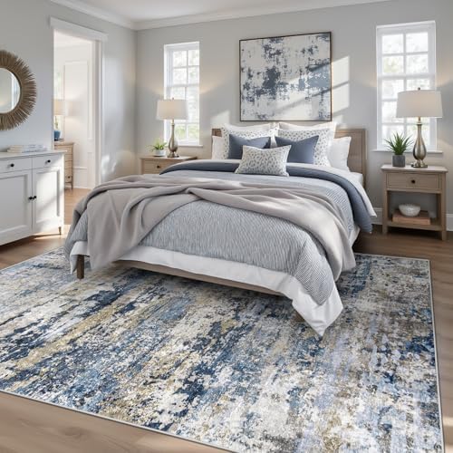 pmtsns Area Rugs 6x9 for Living Room: Washable Rug Modern Abstract Neutral Soft Non-Slip Low-Pile Indoor Carpet for Bedroom Dining Room Playroom Home Office (Blue Grey Brown, 6'x9')