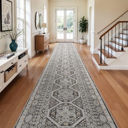 3x20 Runner Rug Washable Vintage: Non Slip Extra Long Hallway Runners Black
