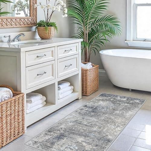 2x6 Non-Slip Washable Kitchen Runner Rug – Modern Coastal Abstract Carpet Runner for Hallway Bedroom Bathroom Laundry Room Entryway – Low-Pile Thin Rubber Backed (Blue Gray 2x6)