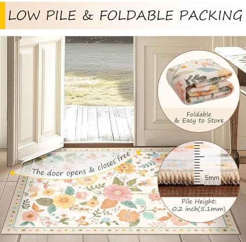 RELEANY Floral Washable Round 4ft Area Rug Beige/White/Orange