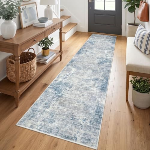 IOHOUZE Abstract Runner Rug 2x7 Ft Washable Runners for Hallways, Non Slip Kitchen Runner Printed Faux Wool Entryway Runners Indoor, Modern Floor Carpet for Hall Kitchen Bedroom, Light Blue Grey