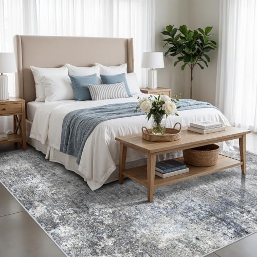 8x8 ft Square Living Room Rug - Washable Modern Neutral Abstract Area Rug for Bedroom, Dining Room, Kitchen Non-Slip Soft Low-Pile Indoor Floor Carpet (Blue Grey, 8x8)