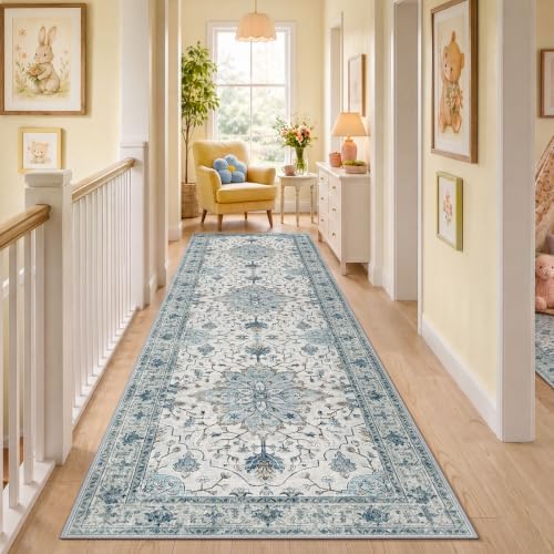 RELEANY Washable Area Rug, Runner 3'x10', Blue/White/Gray