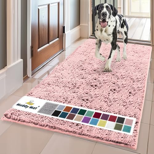 Muddy Mat® | Super Water Absorbent Door Mat Indoor, Microfiber Quick Dry Chenille Entryway Rug, Slip Resistant Front Door Mat, Indoor Mats for Entryway, Machine Washable Pet Rug, Pink 36"x60"