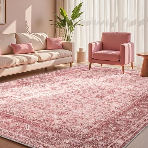 OPPODREAM Vintage Pink Area Rugs 6x9, Washable Rug for Living Room