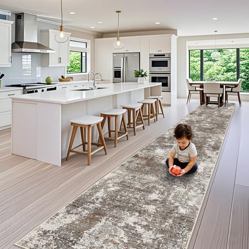 3x20 ft Extra Long Hallway Runner Rug - Non-Slip Washable Floor Runner with Rubber Backing, Modern Low Pile Thin Wide Carpet for Entryway, Kitchen, Living Room (Brown Beige, 3x20)