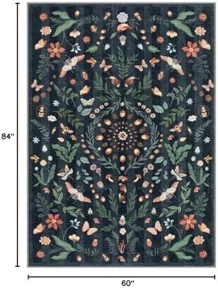 Lahome Washable Insect Botanical 5x7 Area Rugs for Nursery - Machine Washable Non-Slip Black Bedroom Rug, Boho Low Profile Soft Faux Wool Carpet for Living Room Laundry Playroom Dining Room