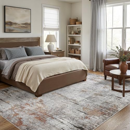 DMOYEST Area Rug Living Room Rugs - 10x12 Large Soft Indoor Neutral Modern Abstract Low Pile Washable Rug Carpet for Bedroom Dining Room Farmhouse Home Office - Grey Rust