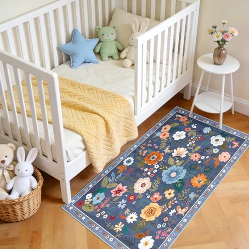 Floral Washable 2x4 Area Rugs Runner Entryway Hallway Blue/Grey