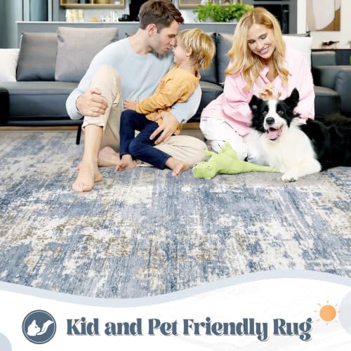 XLUEZ 5x7 Area Rugs for Living Room, Washable Modern Abstract Large Area Rug Neutral Soft Non Slip Kids Rug Stain Resistant Indoor Carpet for Bedroom Nursery Dining Room Playroom(Blue, 5'x7')