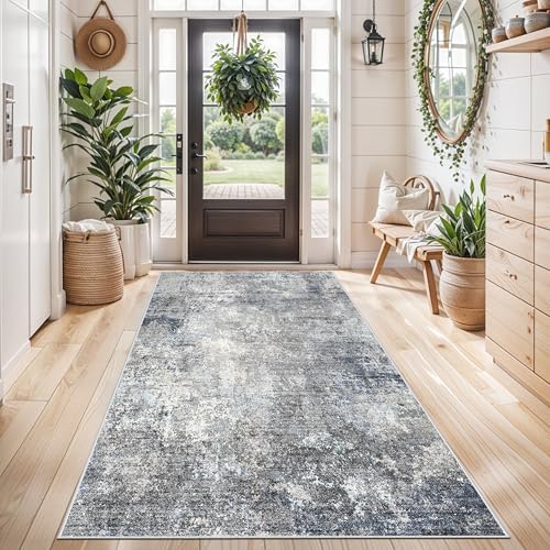 4x5 Washable Entryway Rug – Non-Slip Modern Abstract Indoor Area Rug for Bathroom Kitchen Living Room Bedroom – Low Pile Thin Soft Small Throw Carpet (Blue Grey,4x5)