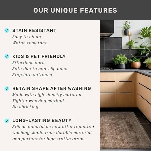 Hazo Haus Brown Washable 3x20 Extra Long Hallway Runner Rug, Neutral Boho Large Kitchen Floor Rug Indoor, Non-Slip Stain & Fade Resistant, Vintage Dark Earthy Taupe Floral Décor (3x20 Brown)