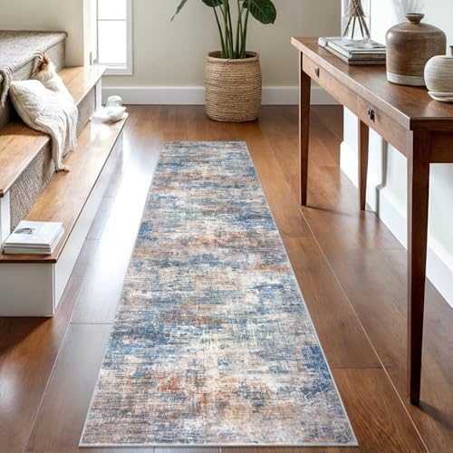 IOHOUZE Abstract Runner Rug 2x8 Ft Washable Runners for Hallways, Non Slip Kitchen Runner Printed Faux Wool Entryway Runner Indoor, Modern Abstract Floor Carpet for Hall Bedroom, Blue Rust