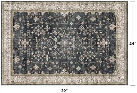 Black Washable 2x3 Entry Rug, Small Rugs for Entryway Kitchen Bathroom Door Mat Indoor Entrance, Non Slip Rubber Backing, Stain & Fade Resistant, Ashen Charcoal Floral Farmhouse Decor