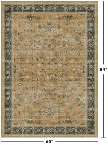 Hazo Haus Rustic Brown and Charcoal Olive Area Rug 5x7 for Living Room - Machine Washable Rugs for Dining Room, Kitchen Floor, Small Office, Low Pile Non-Slip Rubber Backing & Stain Resistant
