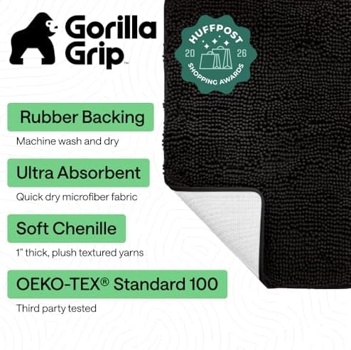 GORILLA GRIP Bath Rug Mat for Bathroom, Absorbent Chenille, 30x20 Black
