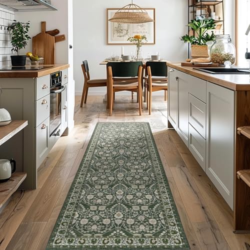 Non-Slip Runner Rug 2x6 for Kitchen: Carpet Runners for Hallway 6ft Washable Floral Boho Low Pile Soft Dark Green Rugs - Botanical Indoor Mats for Entryway Laundry Bedroom Bathroom