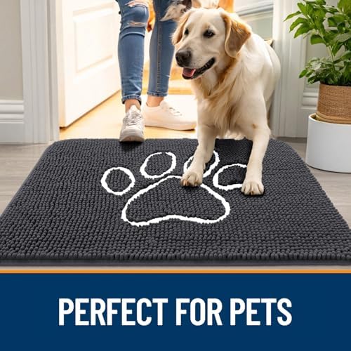 OLANLY Dog Door Mat for Muddy Paws 30x20, Paw Print Design Chenille Mud Mat
