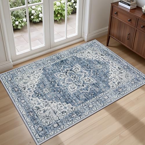 2x3 Area Rugs Living Room: Washable Vintage Rug for Bedroom Blue