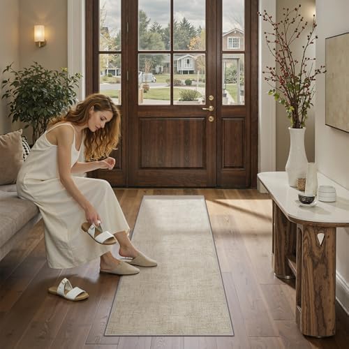 Valenrug 2x8 Hallway Runner Rug, High-Low Pile Textured Washable Rug Beige