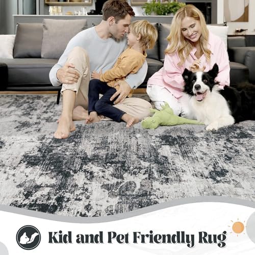 XLUEZ 8x10 Area Rugs for Living Room, Washable Modern Abstract Large Area Rug Neutral Soft Non Slip Kids Rug Stain Resistant Indoor Carpet for Bedroom Nursery Dining Room Playroom(Black, 8'x10')