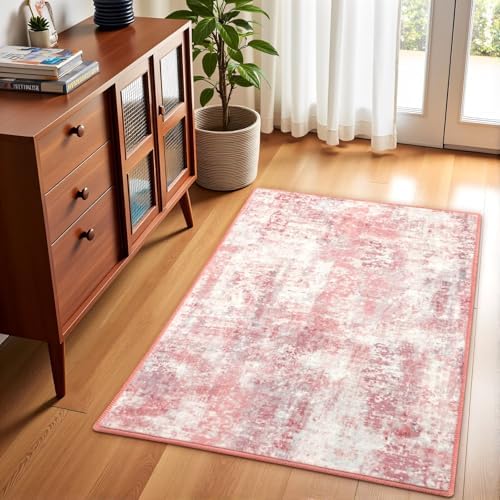 Macgace Washable Abstract Area Rug for Entryway, 2x3 Small Rugs Pink
