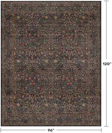 Vintage Washable Dark Brown Rugs for Living Room, 8x10 Area Rugs for Dining Room Under Table, Bedroom, Black Brown Deep Olive Taupe Espresso Accent Floral Carpet Non-Slip, Low Pile Stain Resistant