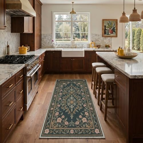 Bavni 2X5 Washable Hallway Runner Rug, Boho Oriental Floral Non Slip