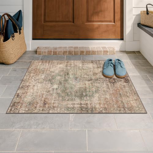 Green Brown 2x3 Washable Small Throw Rug for Entryway, Kitchen, Bathroom, Non Slip with Rubber Backing, Soft Stain Resistant Carpet, Farmhouse Medallion Abstract Indoor Décor, Distressed Design