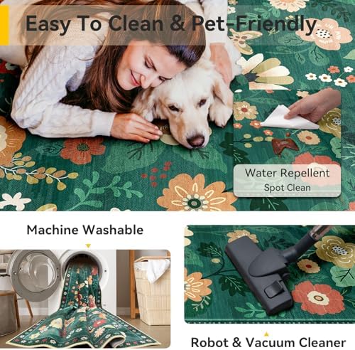 RELEANY Floral Washable 9x12 Area Rugs DarkGreen