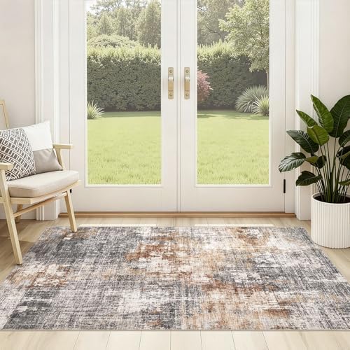 DMOYEST Washable Area Rug: 3x5 ft Abstract Small Rugs for Entryway Kitchen Living Room Bedroom - Non Slip Modern Neutral Carpet Indoor Front Door - Grey Brown