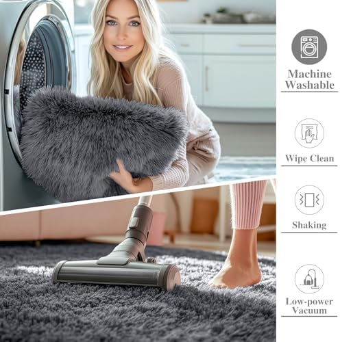 OLANLY Grey Round Rugs for Bedroom - Machine Washable, 2 ft Circle Area Rugs for Living Room, Soft and Fluffy Shaggy Carpet for Teen Girls and Boys, Nursery Rooms, Dorms, Home Decor Aesthetic