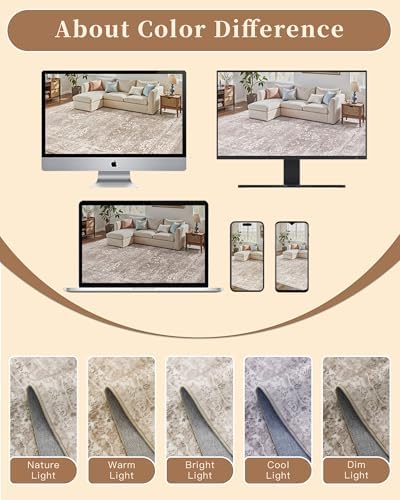 Madane Washable Round Rug 5ft for Living Room, Soft Neutral Rug Brown/Sand
