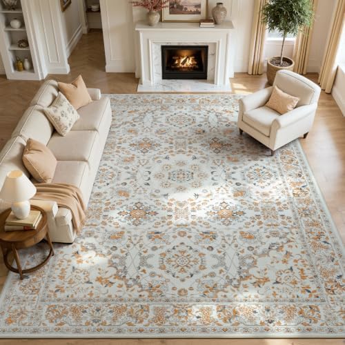 Lessymo 9x12 Floral Area Rugs for Living Room,Large Washable Carpet Beige