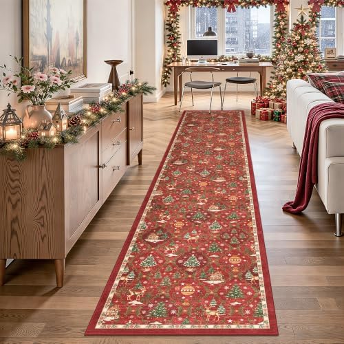 Christmas 2x10 Runner Rugs for Hallway, Red Non Slip Washable Kitchen Rug
