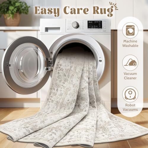 Living Room Rugs 8x10: Washable Moroccan Geometric Boho Rug Farmhouse Non Slip Stain Resistant Large Rug Low Pile Soft Carpet for Bedroom Dining Room Children Room (Beige Floral,8'x10')