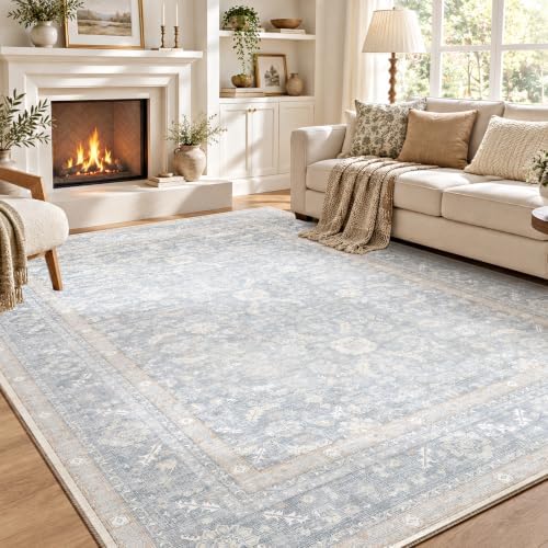 OPPODREAM Vintage Light Blue Area Rugs 10x14, Washable Rug for Living Room