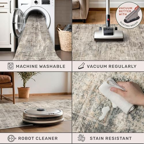Hazo Haus Farmhouse Taupe 8x12 Area Rug for Living Room, Abstract Medallion Rug for Bedroom & Dining Room, Washable Non-Slip, Fade and Stain Resistant, Distressed Design