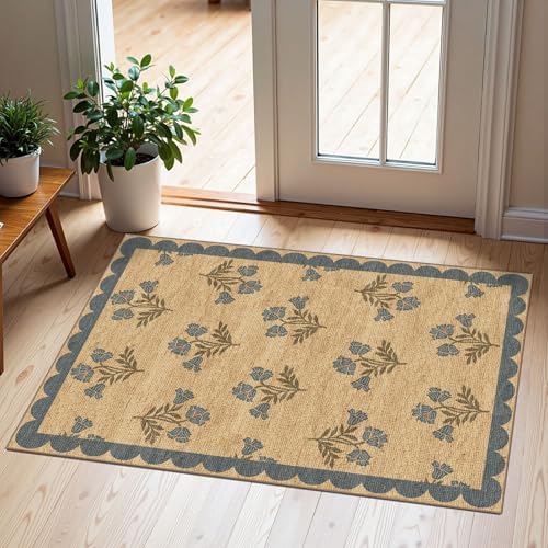 Front Door Mat Outside Entrance - 2x3 Jute-Look Blue Floral Rug
