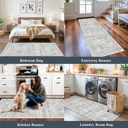 Rug Runners 2x6 Hallway Washable, Non Slip with Rubber Backing Carpet for Kitchen Bathroom Neutral Moroccan Vintage Oriental Distressed Area Rugs for Bedroom Laundry Room Entry Entryway, Grey/Ivory