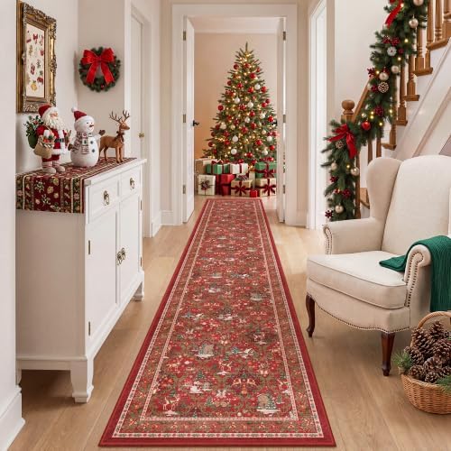 2x10 Christmas Runner Rug for Hallway,Washable Kitchen Rugs,Red