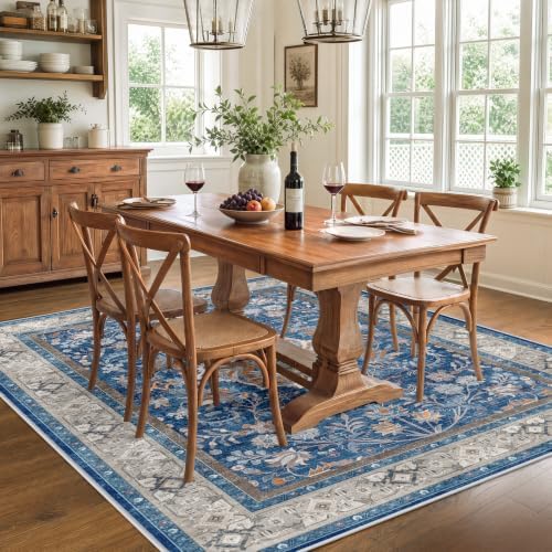 SameBed 5x7 Area Rug Living Room, Vintage Washable Carpet Blue