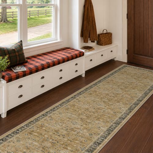 Hazo Haus Vintage 2x8 Runner Rug for Hallway, Boho Long Runner Rug for Kitchen, Bathroom, Non-Slip Low-Pile Washable Stain Resistant, Rustic Brown and Charcoal Olive Earthy Décor